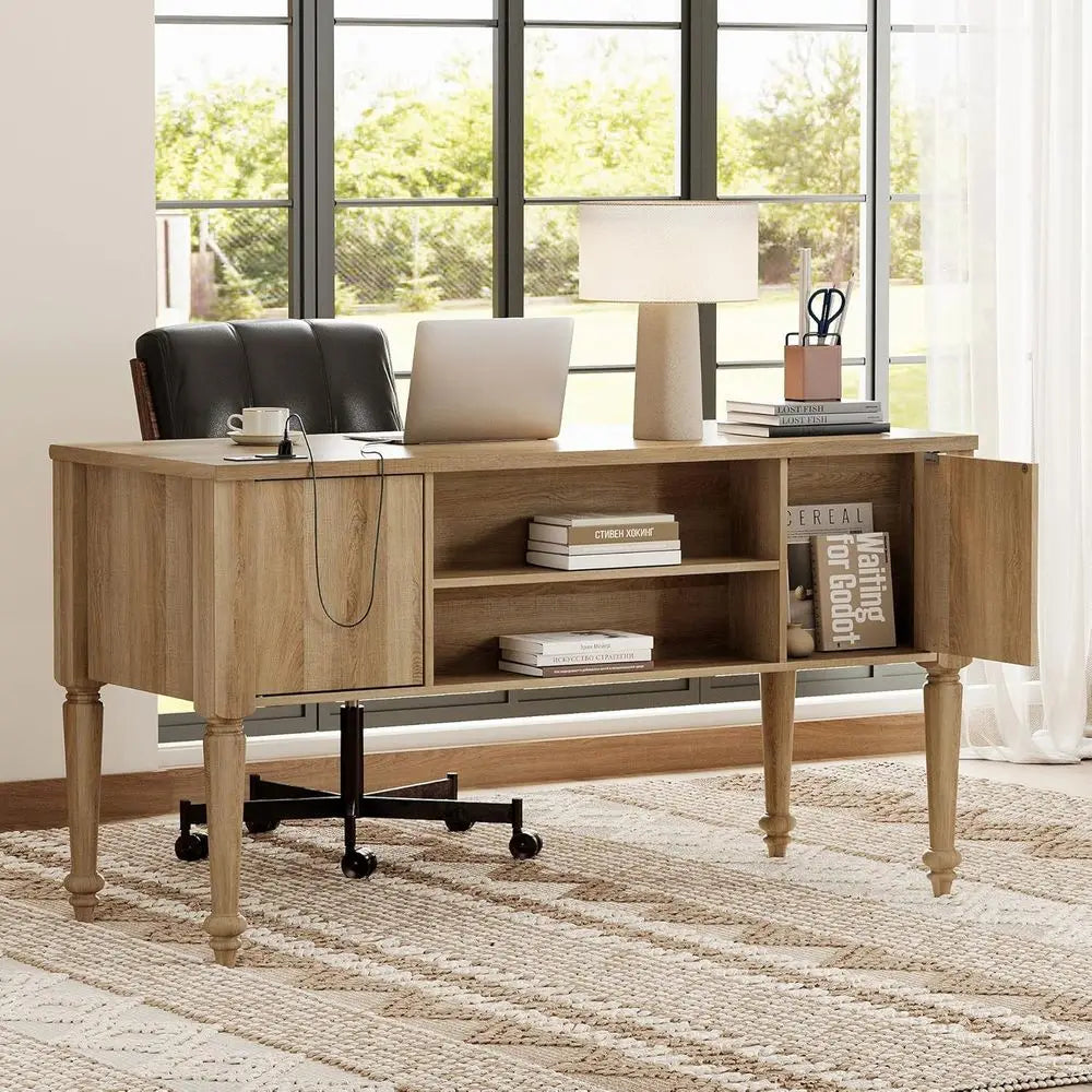 Executive Desk with Charging Station, 5 Drawers, Oak Wood, 55 for Home Office and Study