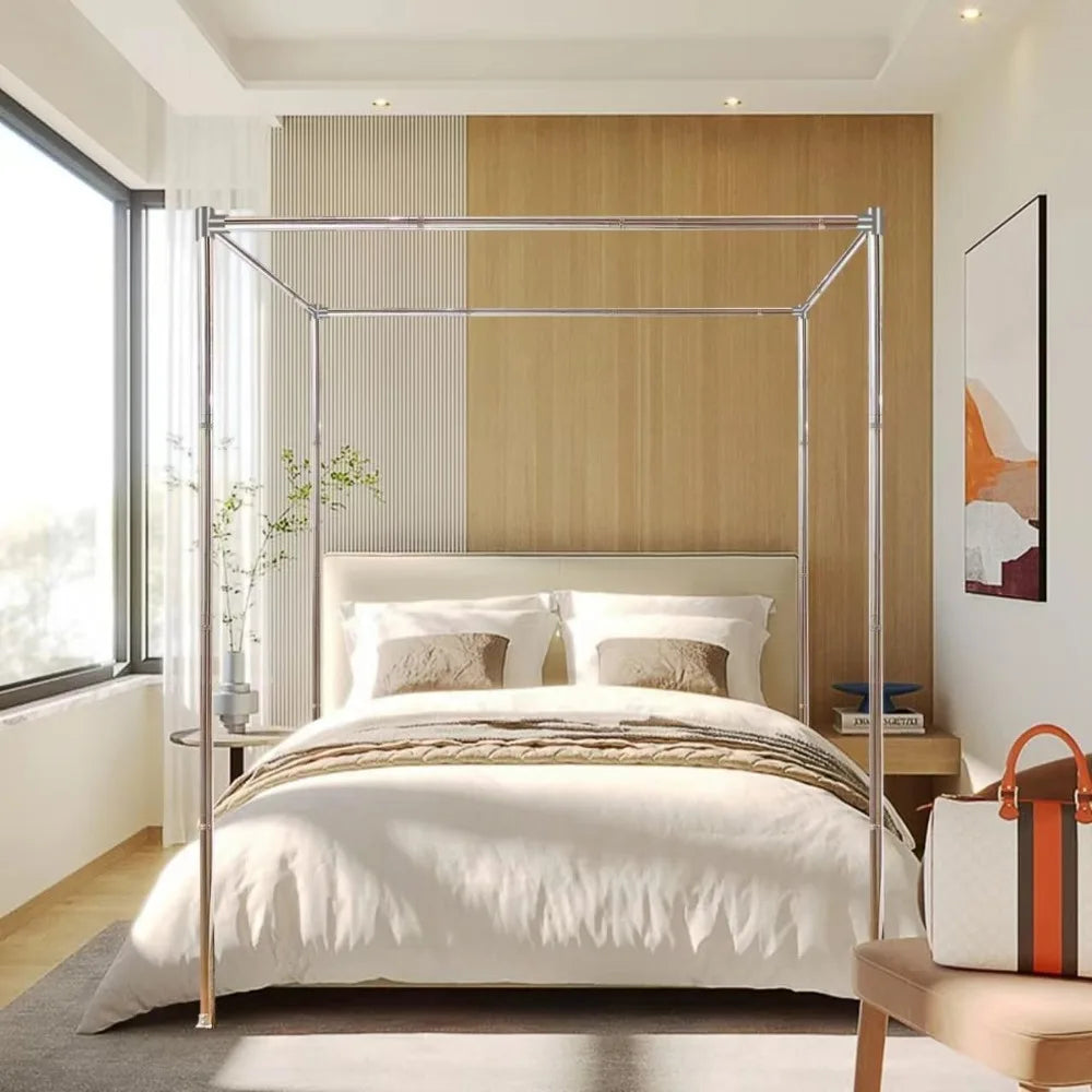 Queen Size Stainless Steel Canopy Bed Frame with Thick Brackets and Mosquito Curtains