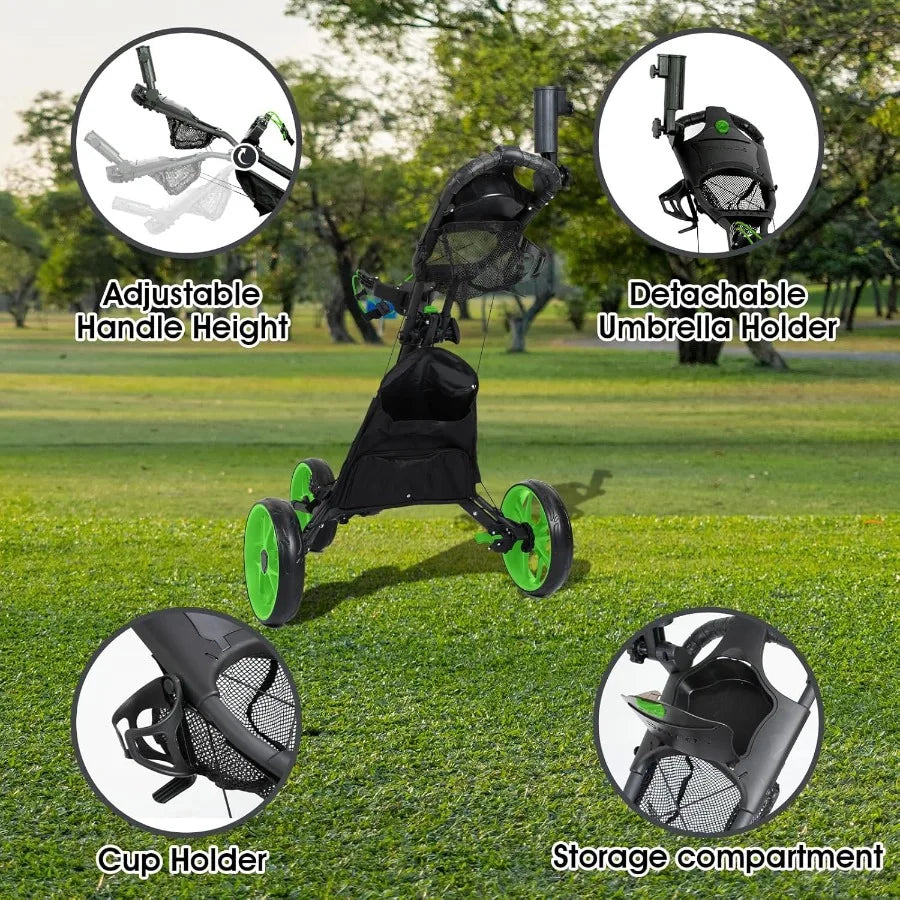 3 Wheel Golf Push Cart : Lightweight Compact Golf Walking Cart with Cooler Flat Fold Golf Trolley with Brake Pull Behind