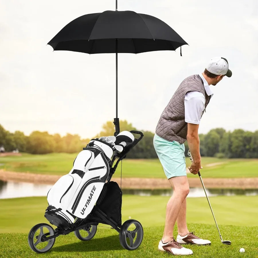 3 Wheel Golf Push Cart with Aluminum Frame for Easy Transport and Storage Features Elastic Strap Umbrella Holder Cup Holder Sco