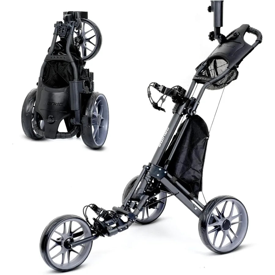 3 Wheel Golf Push Cart : Lightweight Compact Golf Walking Cart with Cooler Flat Fold Golf Trolley with Brake Pull Behind