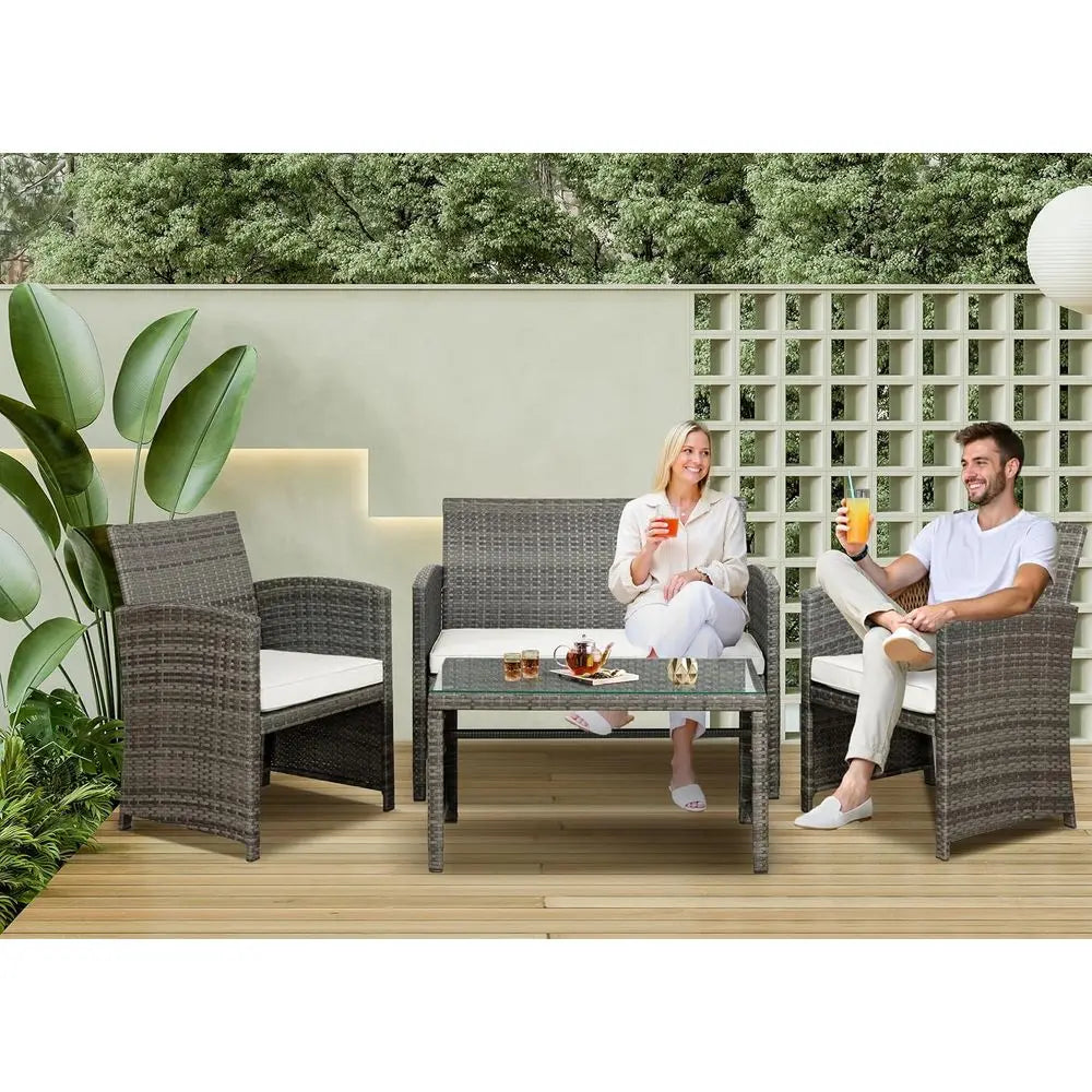 Gray Rattan Outdoor Patio Furniture Set: 4-Piece Wicker Conversation Chairs with Cushions for Garden, Poolside, or Indoor Use
