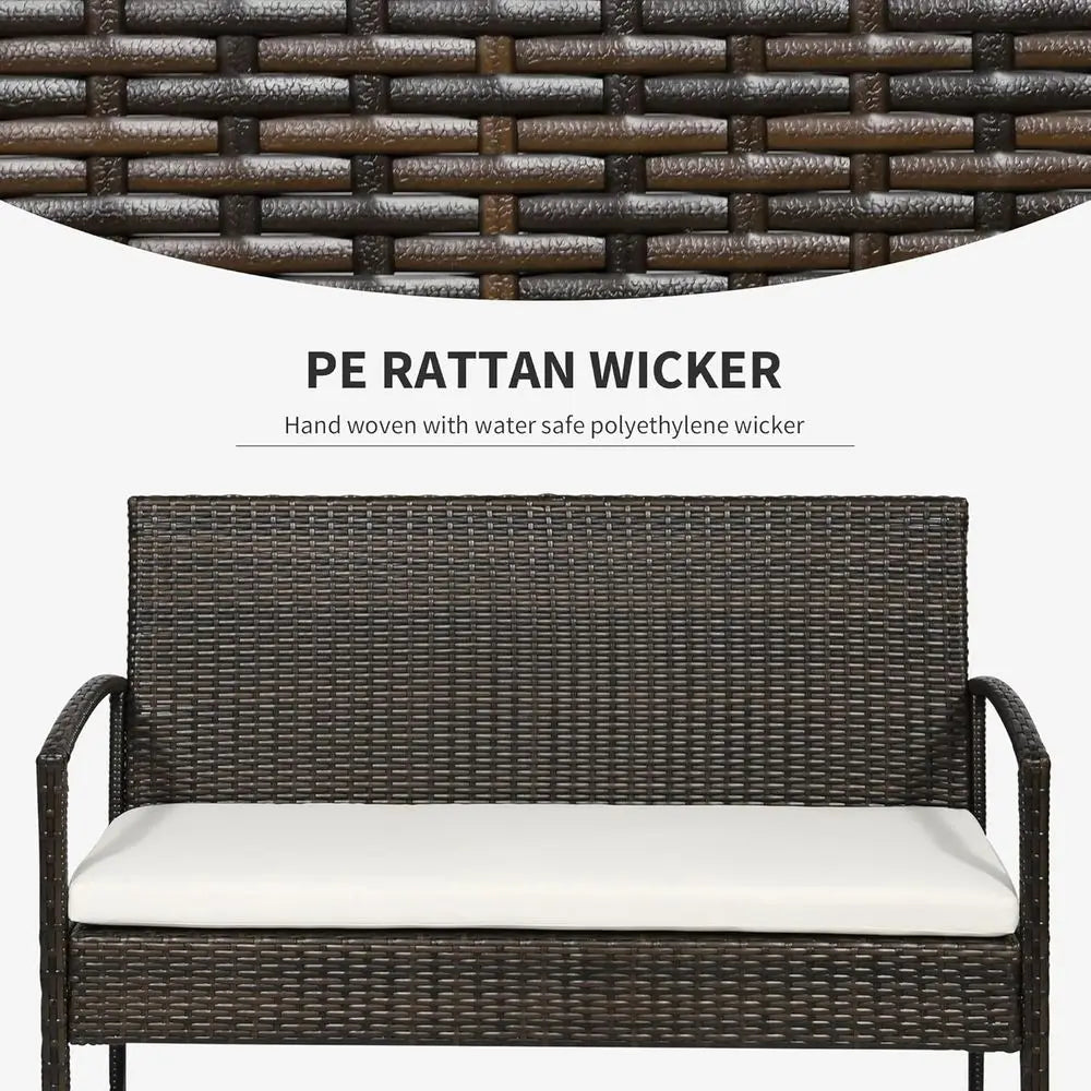 4 Piece Indoor Outdoor PE Wicker Conversation Set with Chairs, Loveseat Sofa, Cushions, Glass Table for Backyard, Sunroom, Pool,