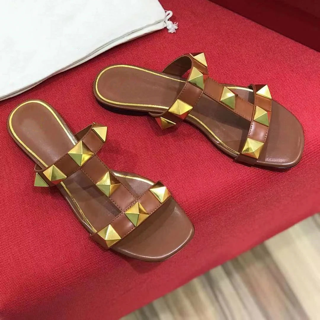 SHIYUNJIN Shoes Women Size35-42 Genuine Leather Sandals Rivet Pumps Summer Leisure Flats Buckle Strap Designer Shoes Zapatillas