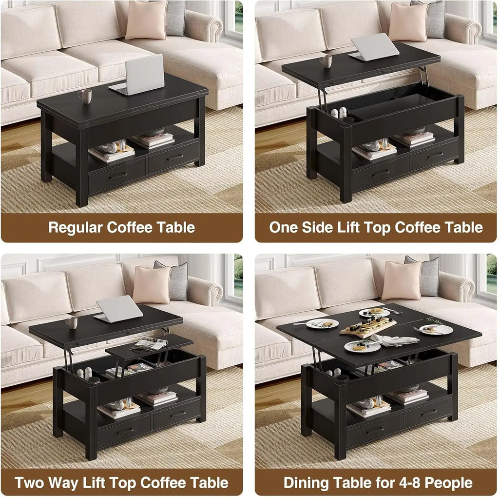 Convertible Lift-Top Coffee Table with Drawers, Hidden Storage, Multi-Function for Living Room and Dining