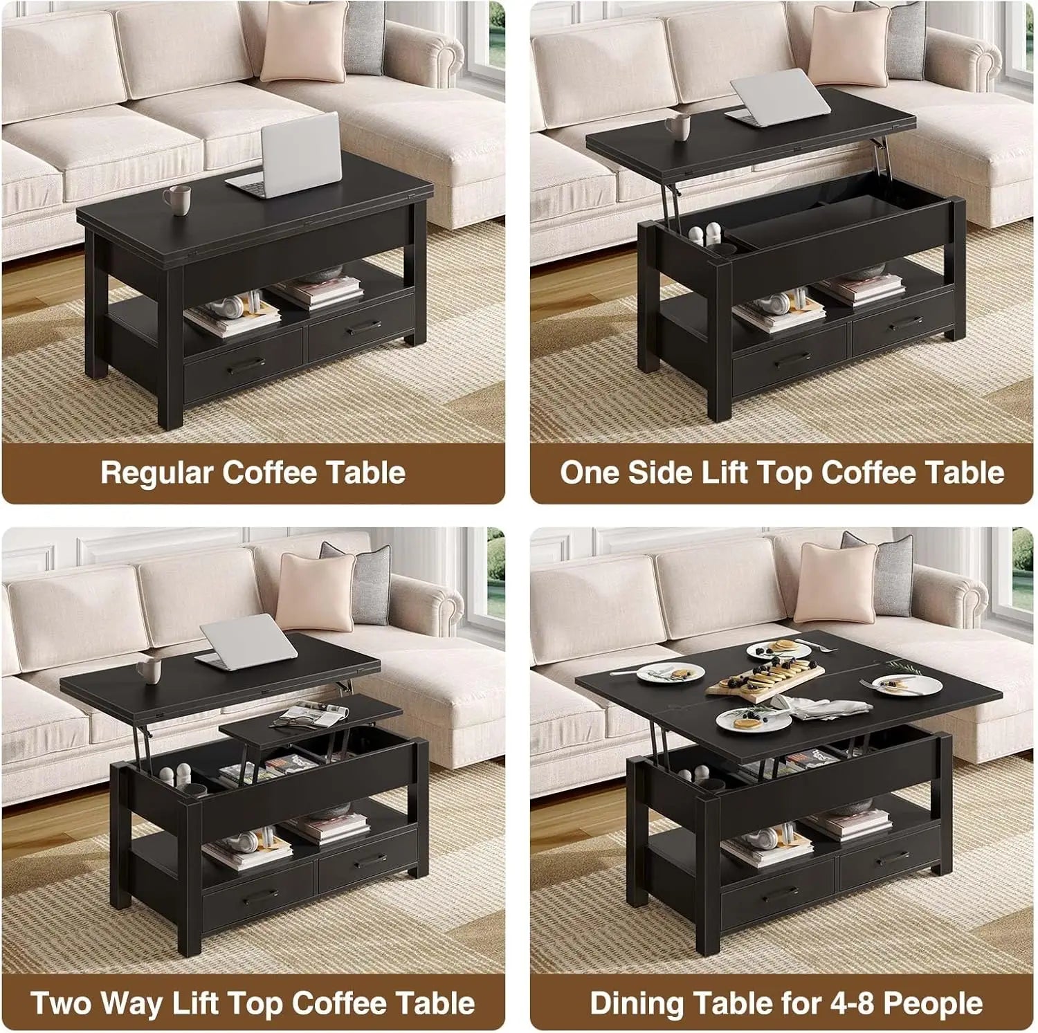 Convertible Lift-Top Coffee Table with Drawers, Hidden Storage, Multi-Function for Living Room and Dining
