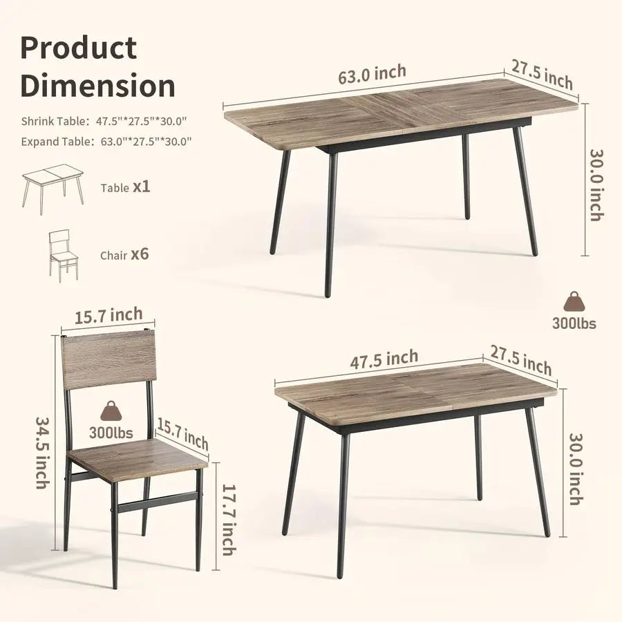 7Piece Dining Table Set for 46 People, Extendable Kitchen Table Set with 6 Chairs, Dining Room Table with Metal Frame and Solid