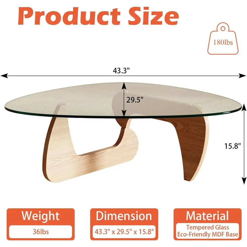 Coffee Table for Living Room and Small Spaces, 43.3 x 29.5 x 15.8 Tempered Glass Table Top and Eco-friendly MDF Base, Natural Wo