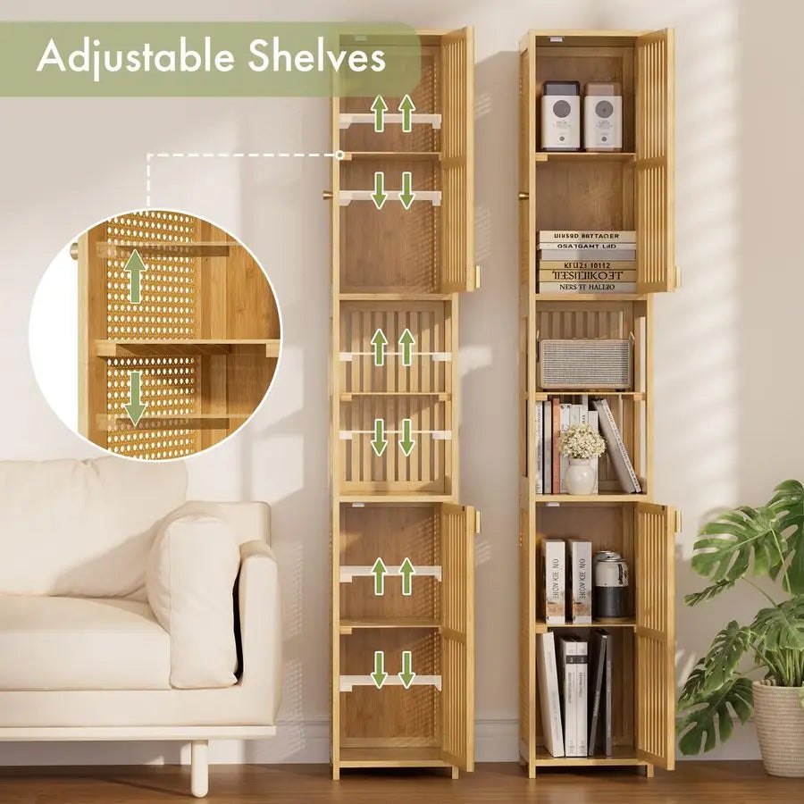 70 Tall Bathroom Storage Cabinet Bamboo, Slim Storage Cabinet with Rattan Door and Adjustable Shelves, Narrow Freestanding Organ