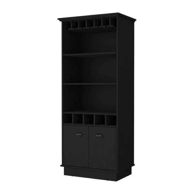 Sophia Bar Cabinet with Glassware Rack and 5 Bottle Racks, Black Finish, Modern Design for Home and Kitchen Storage