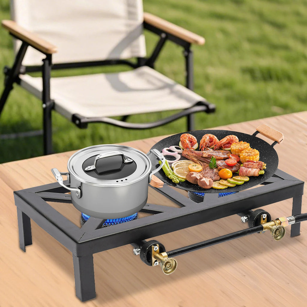 Portable Double Burner Gas Stove, Outdoor Propane Cooktop with 0-10PSI Regulator, Compact Camping Stove for Picnic & Backpacking