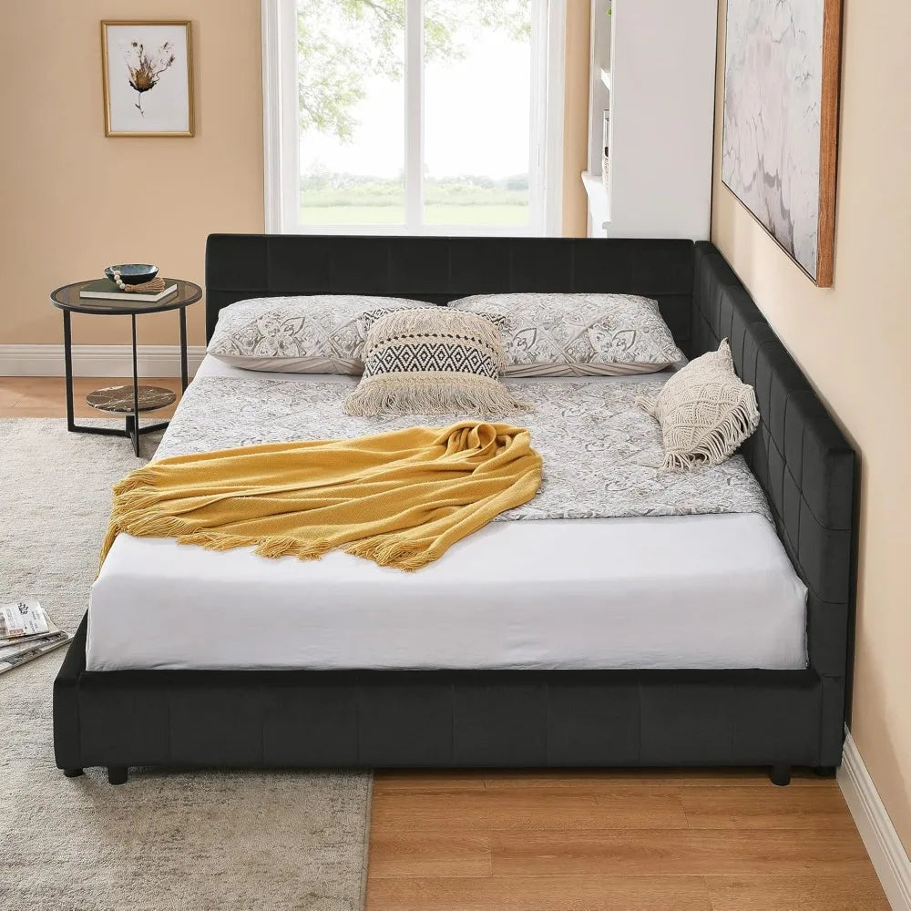 SOFTSEA Queen Size Upholstered Corner Daybed, Modern L-Shaped Daybed with Tufted Backrest, Velvet Corner Bed Floor Bed Frame wit