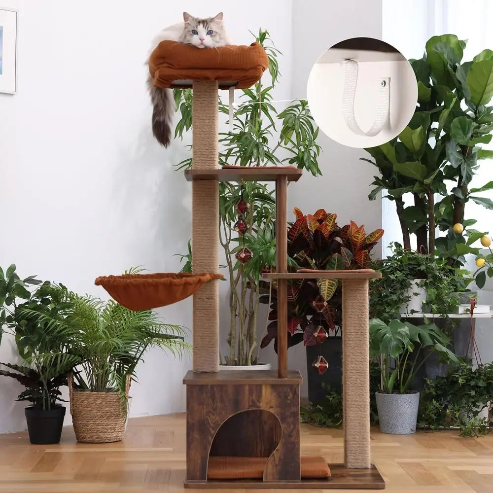Large 4-in-1 Modern Cat Tower with Jute Scratching, Hammock, and Silvervine Balls, Brown Indoor Cat Climber Stand Playhouse, Ret