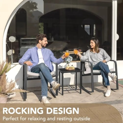 3 Piece Rocking Bistro Set Wicker Patio Outdoor Furniture Porch Chairs Conversation Sets with Glass Coffee Table in Beige