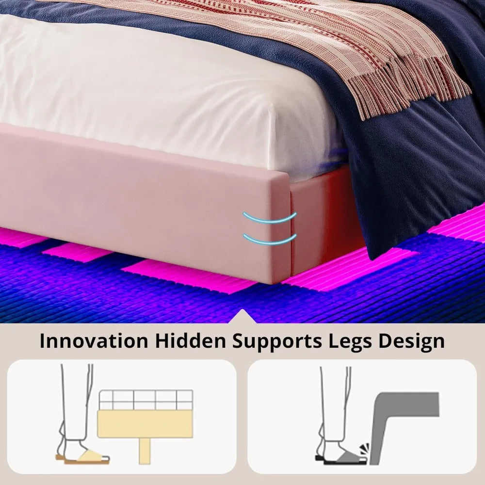 Velvet-Covered King Size Platform Bed Frame with LED Lighting, Headboard Included, Solid Wood Slat Support, No Box Spring Needed