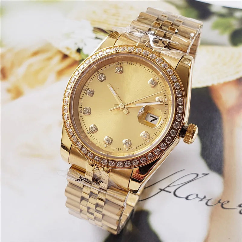 Luxury Gold Plated Mens Watch Full Diamond Bezel Automatic Mechanical Movement Multi Function All Steel Wristwatch Top Watch