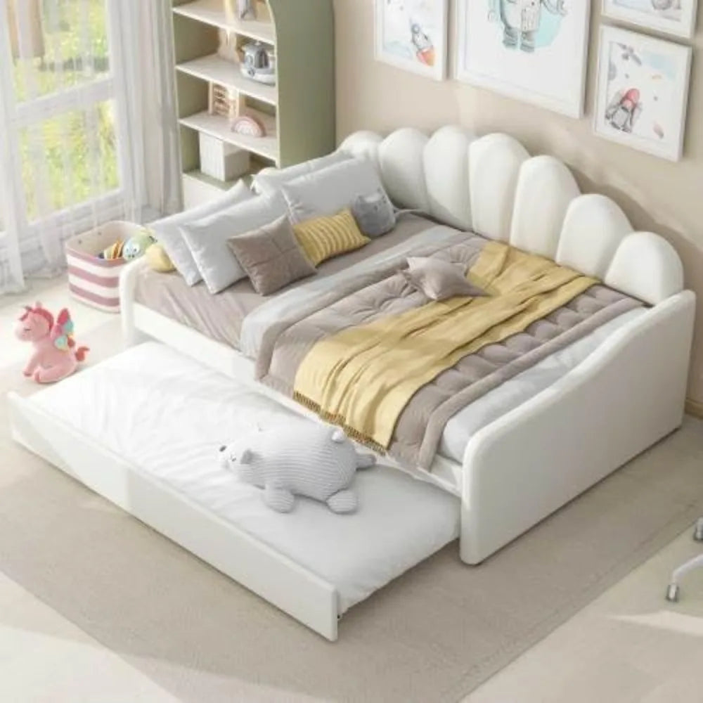 Bellemave Full Size Daybed Frame with Trundle Bed, Velvet Upholstered Daybed with Shall Shaped Backrest, Perfect for Living Room