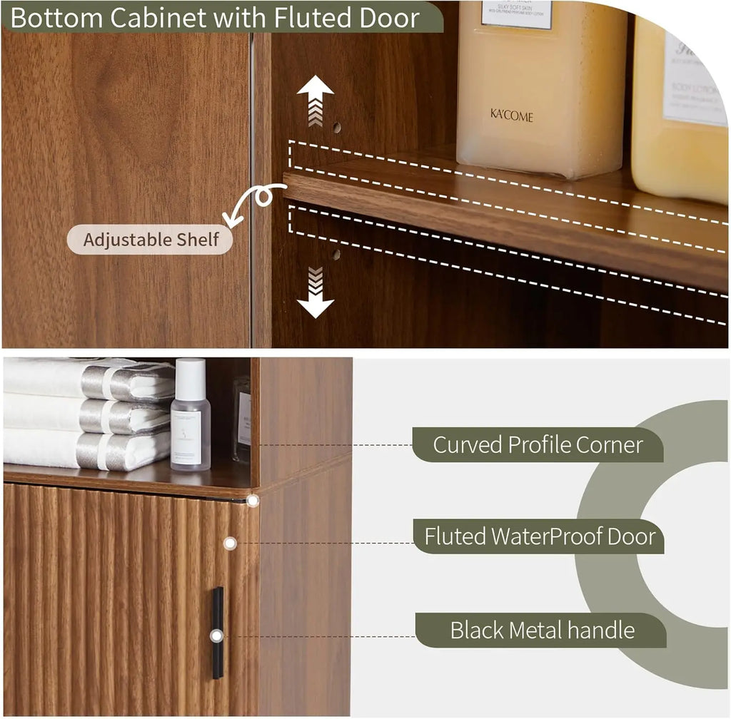68' Tall Narrow Bathroom Cabinet, Walnut Fluted Storage Unit with Door & Shelves, Slim Space-Saving Design for Bath, Kitchen, Li
