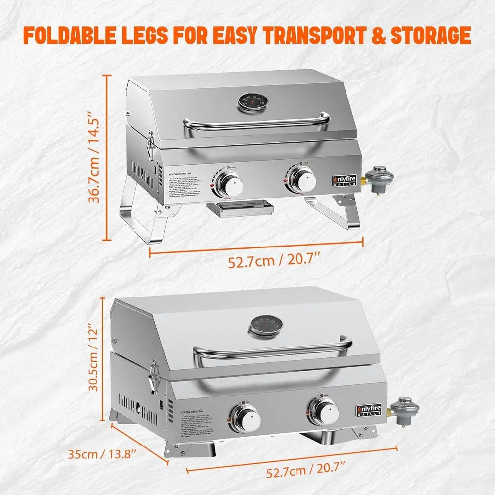 Tabletop Gas Grill 2 Burners, 20" Portable Propane Grill with oldable Legs or Outdoor Patio Backyard Camping Taiating RV Trip Be