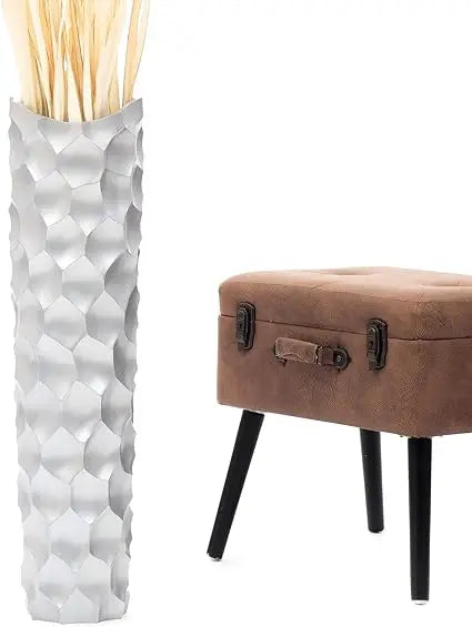 Large Silver Tall Wooden Floor Vase - 26 Inch Farmhouse Style Decorative Holder for Artificial Flowers and Pampas Grass