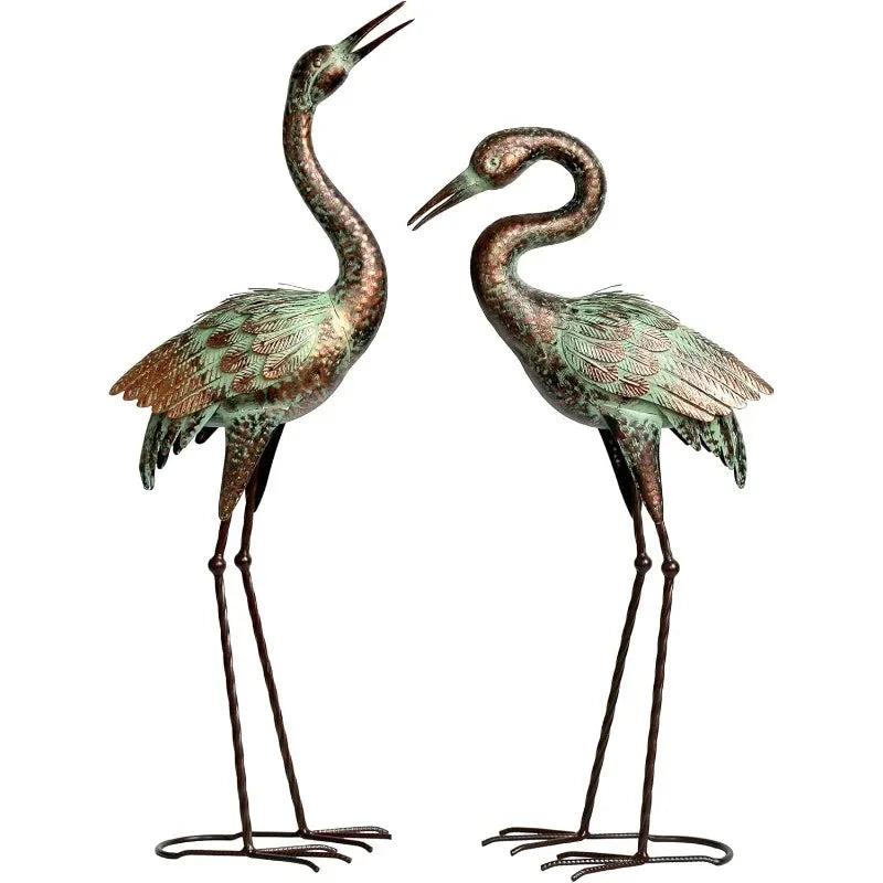 Metal Heron Sculpture with Patina Finish, Staked Garden Statue for Lawn, Pond & Landscape Decor