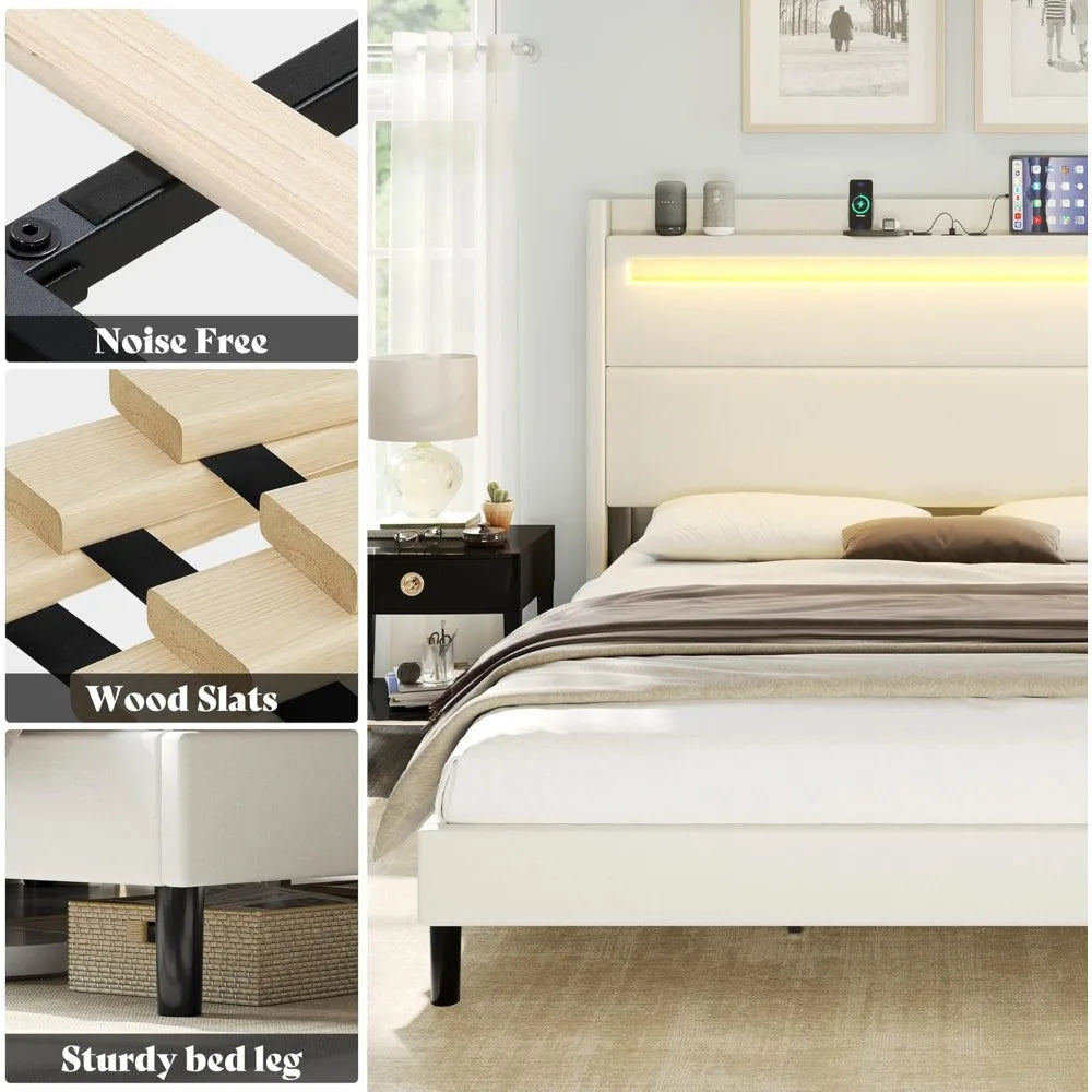 Bed Frame with LED Lights & Wingback Headboard, Upholstered Platform Bed with USB & USB-C Ports, No Box Spring Nee Customized