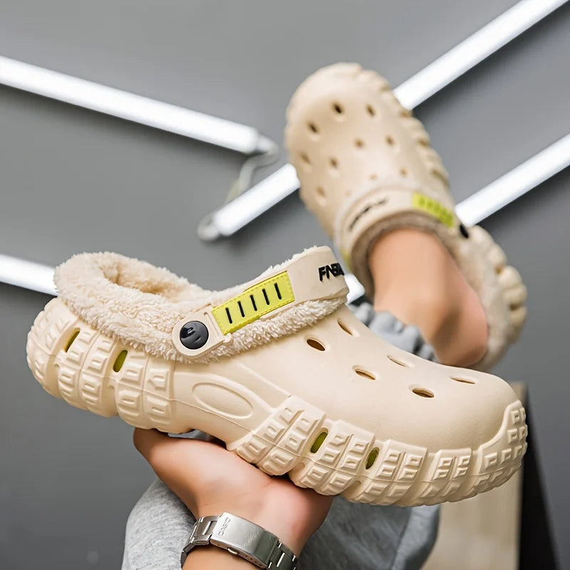 Unisex lined hole shoes, winter removable thick sole slippers with warm lining for outdoor use, thick and warm cold-proof