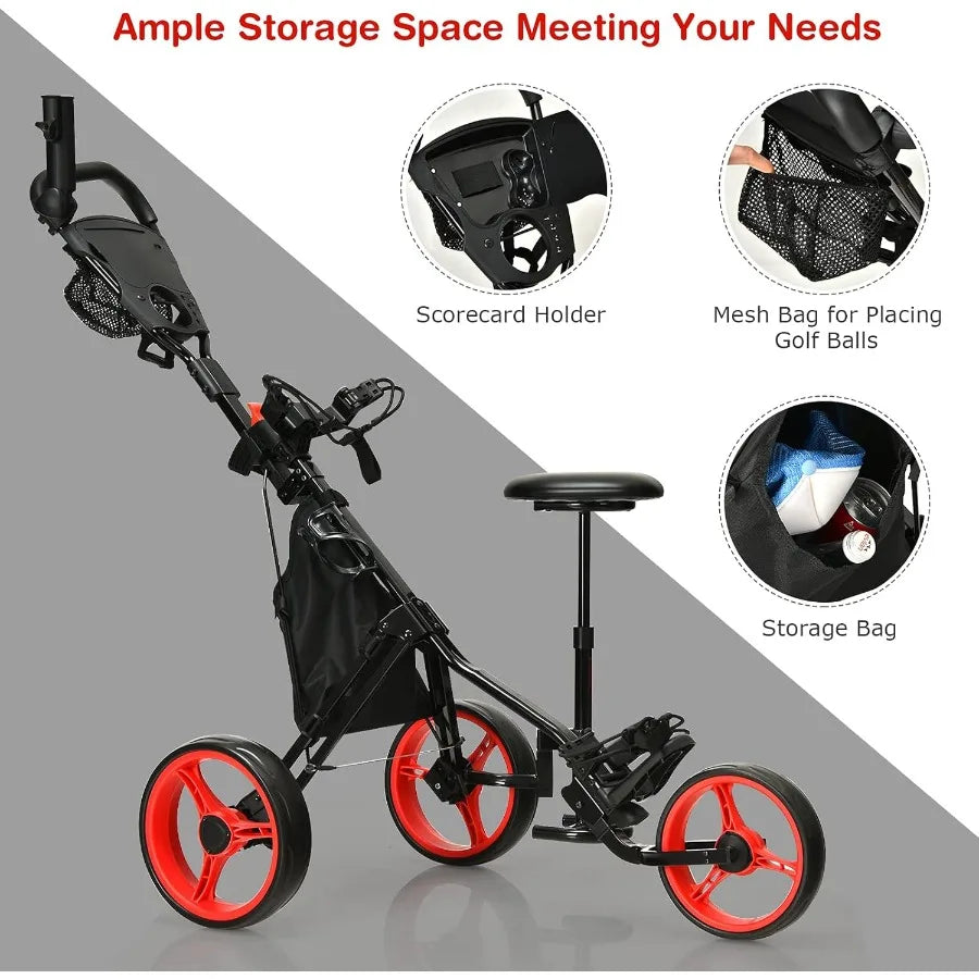 Foldable 3Wheel Height Adjustable Lightweight Golf Caddy Cart with Umbrella Holder Hydraulic Seat Storage Bag Cup Holder for Ea