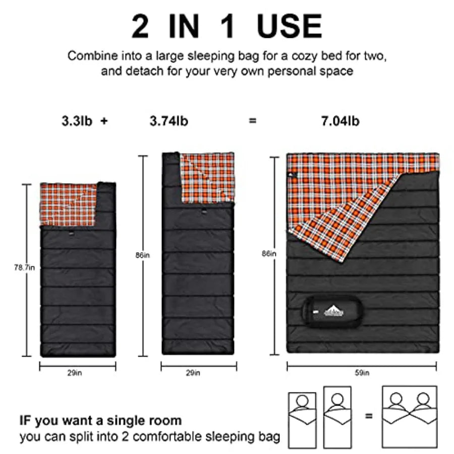 Cotton Flannel Double Sleeping Bag for Camping Backpacking or Hiking: Queen Size 2 Person Waterproof Sleeping Bag for Adults or