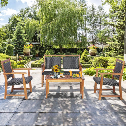 4 PCS Patio Rattan Furniture Set Acacia Wood Frame Sofa Loveseat Garden
