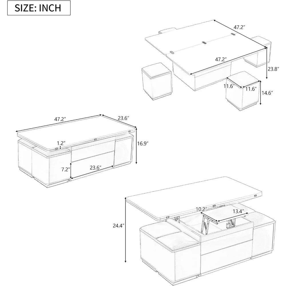 Customized.3 in 1 Lift-Top Coffee Table with 4 Storage Stools, Modern 47.2" Center Table with Foldable Top, Multi-Functional Adj