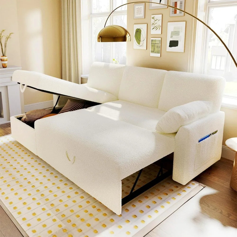 2-in-1 Convertible Sofa Bed with Storage Chaise, White Sherpa Fabric, 84 x 59 x 39 for Living Room