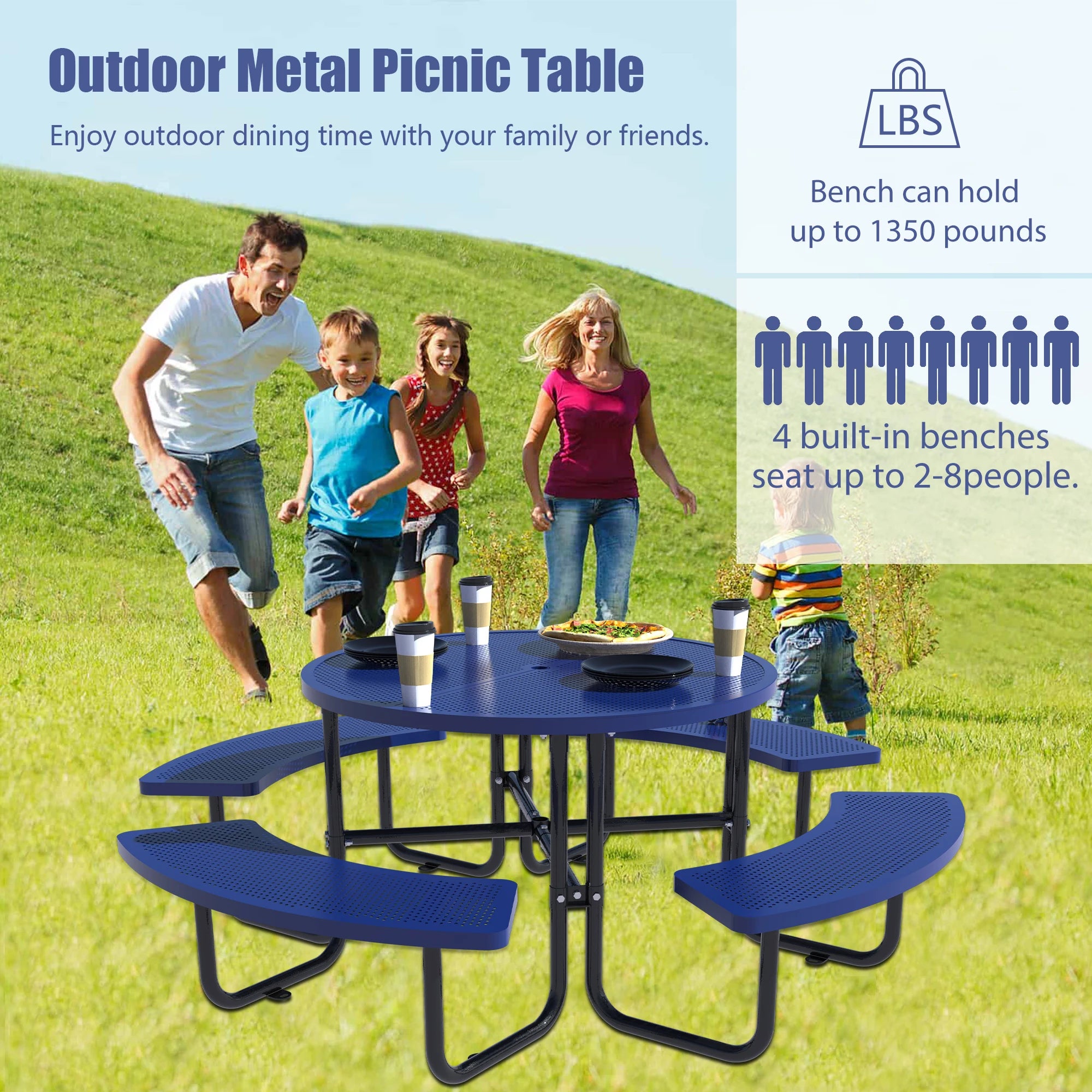LZBEITEM Round Metal Picnic Table with Umbrella Hole, 46" Steel Portable Picnic Table for Outdoor, Patio, Garden, Courtyard BBQ
