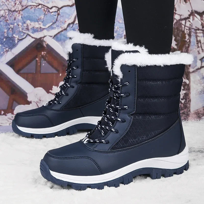 Thickened High-Top Winter Snow Boots Women's Warm Fleece Lined Outdoor Shoes Anti-Slip Rubber Sole Long Hair Design