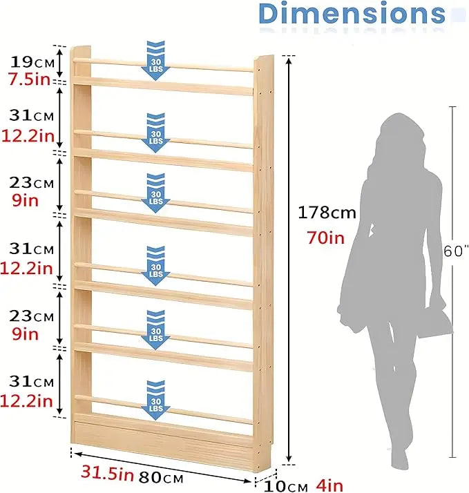 Behind The Door Bookshelf, 6-Tier Wooden Bookcases with Open Display Shelves, Behind The Door Storage Organizer for Toys and Boo