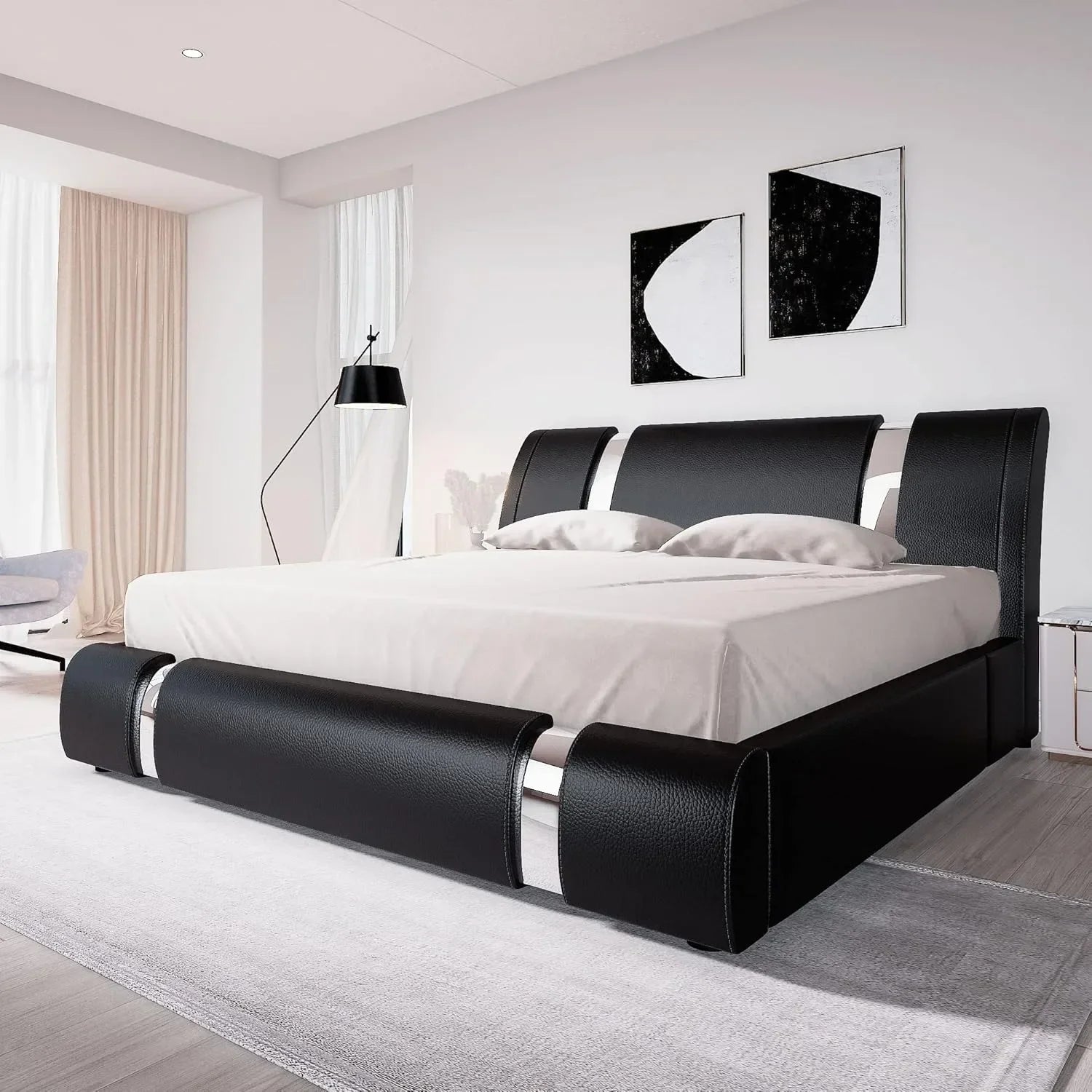 Queen size bed frame with iron sheet decoration, artificial leather cushioned platform bed with adjustable headboard, black