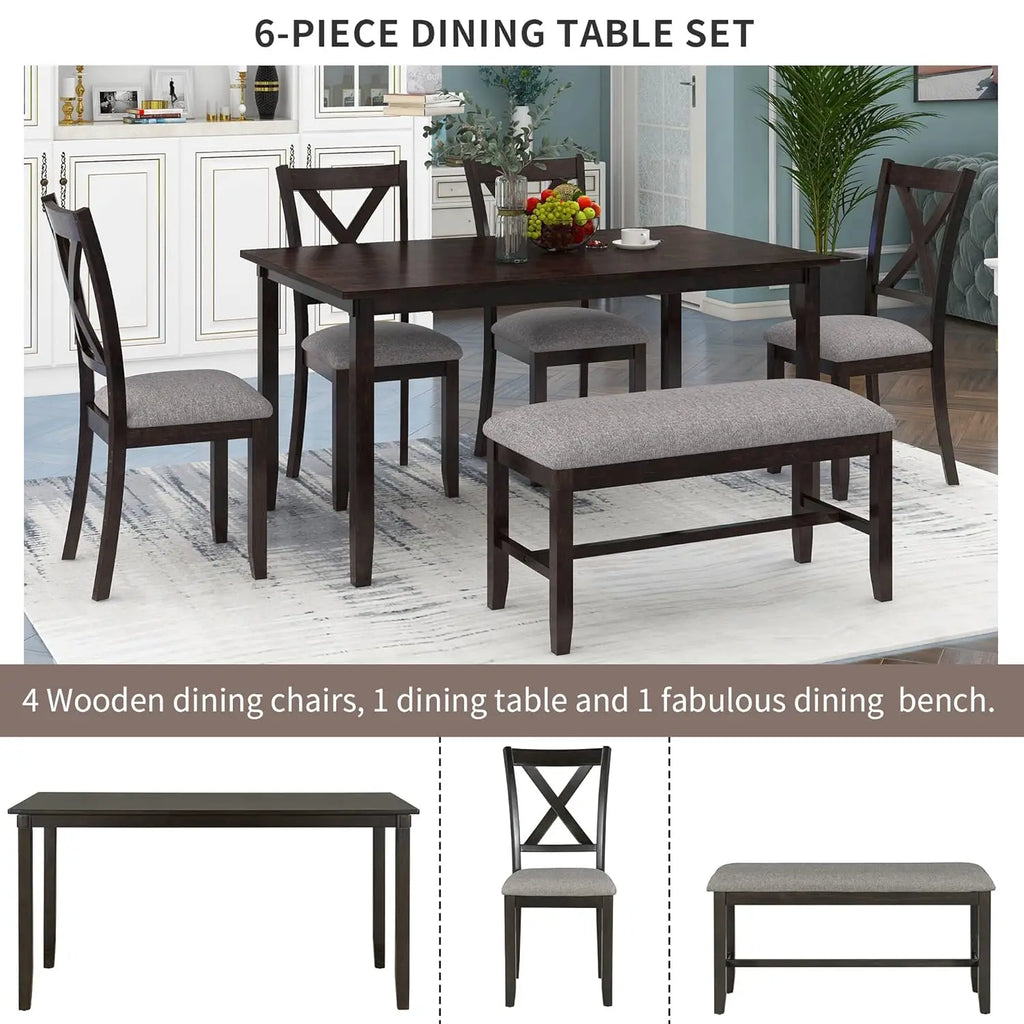 6 Piece Kitchen Dining Table Set, Wood Rectangular Table and 4 Dining Chairs with Cushions and 1 Bench with Cushion, Kitchen