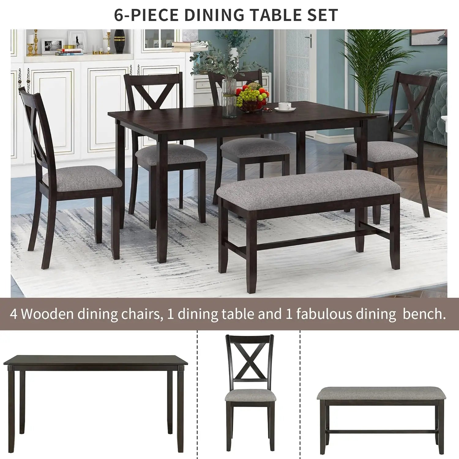 6 Piece Kitchen Dining Table Set, Wood Rectangular Table and 4 Dining Chairs with Cushions and 1 Bench with Cushion, Kitchen