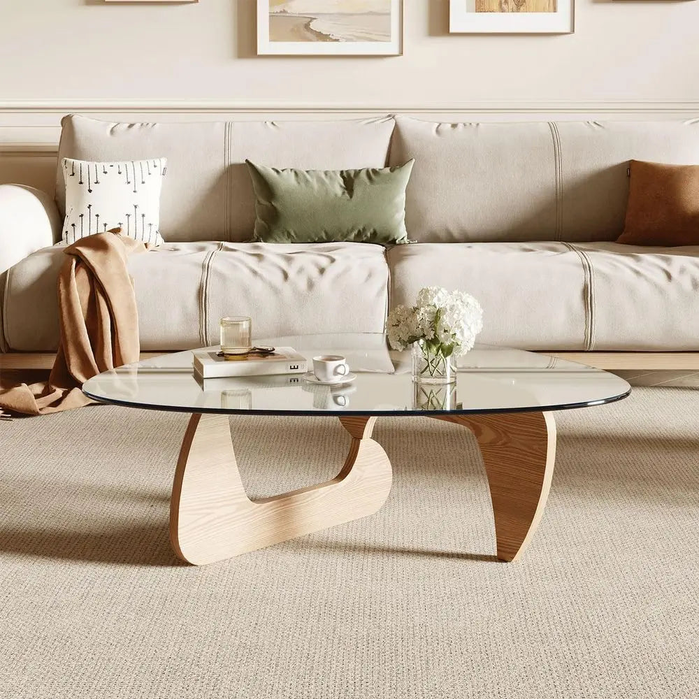Coffee Table for Living Room and Small Spaces, 43.3 x 29.5 x 15.8 Tempered Glass Table Top and Eco-friendly MDF Base, Natural Wo