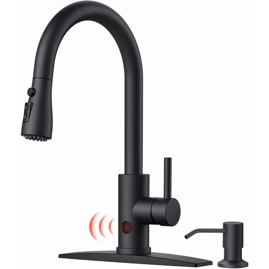 Black Touchless Kitchen Faucet with Soap Dispenser Hands-Free Smart Motion Sensor Contemporary Bar Sink Faucet with Pull Down S