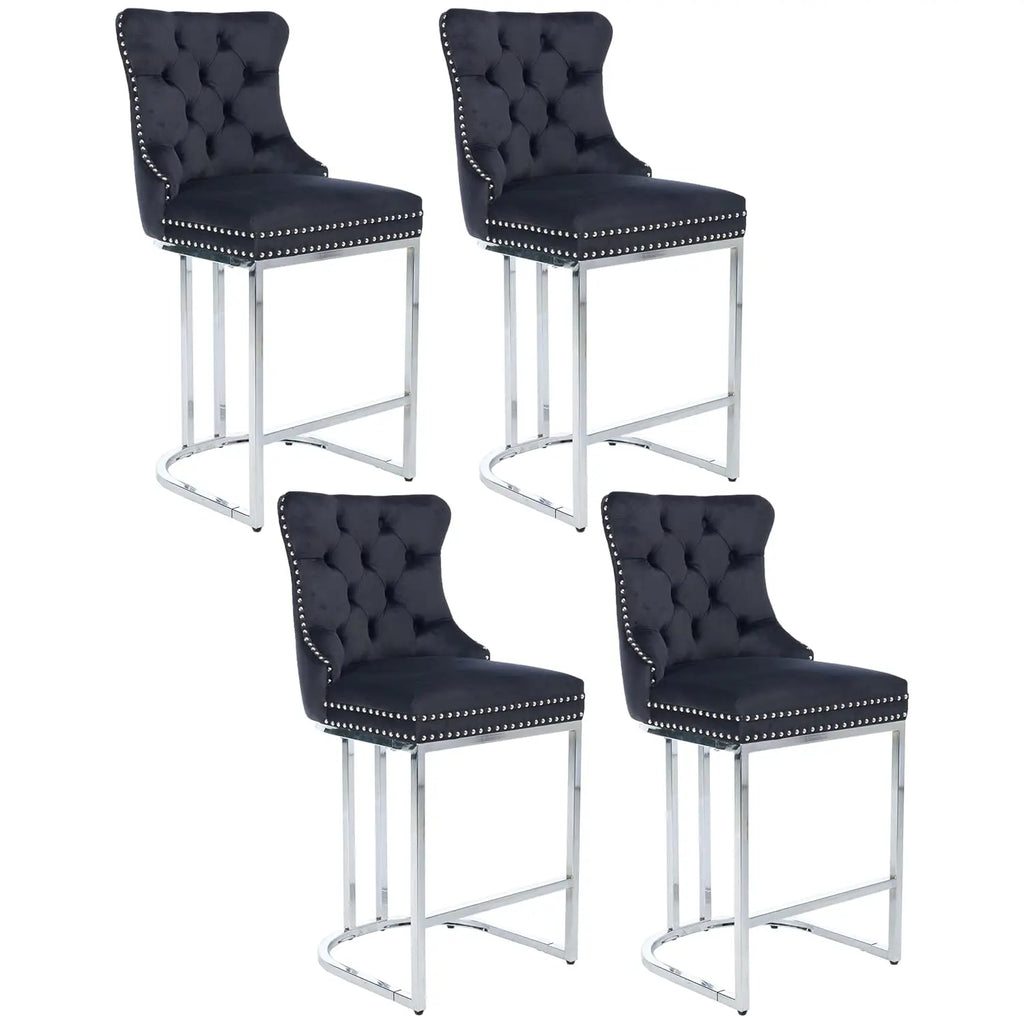 26” Velvet Upholstered Bar Stools Set of 4, Counter Height Bar Chairs with Button Back, Nailhead Rivet Trim, Chrome, Customized