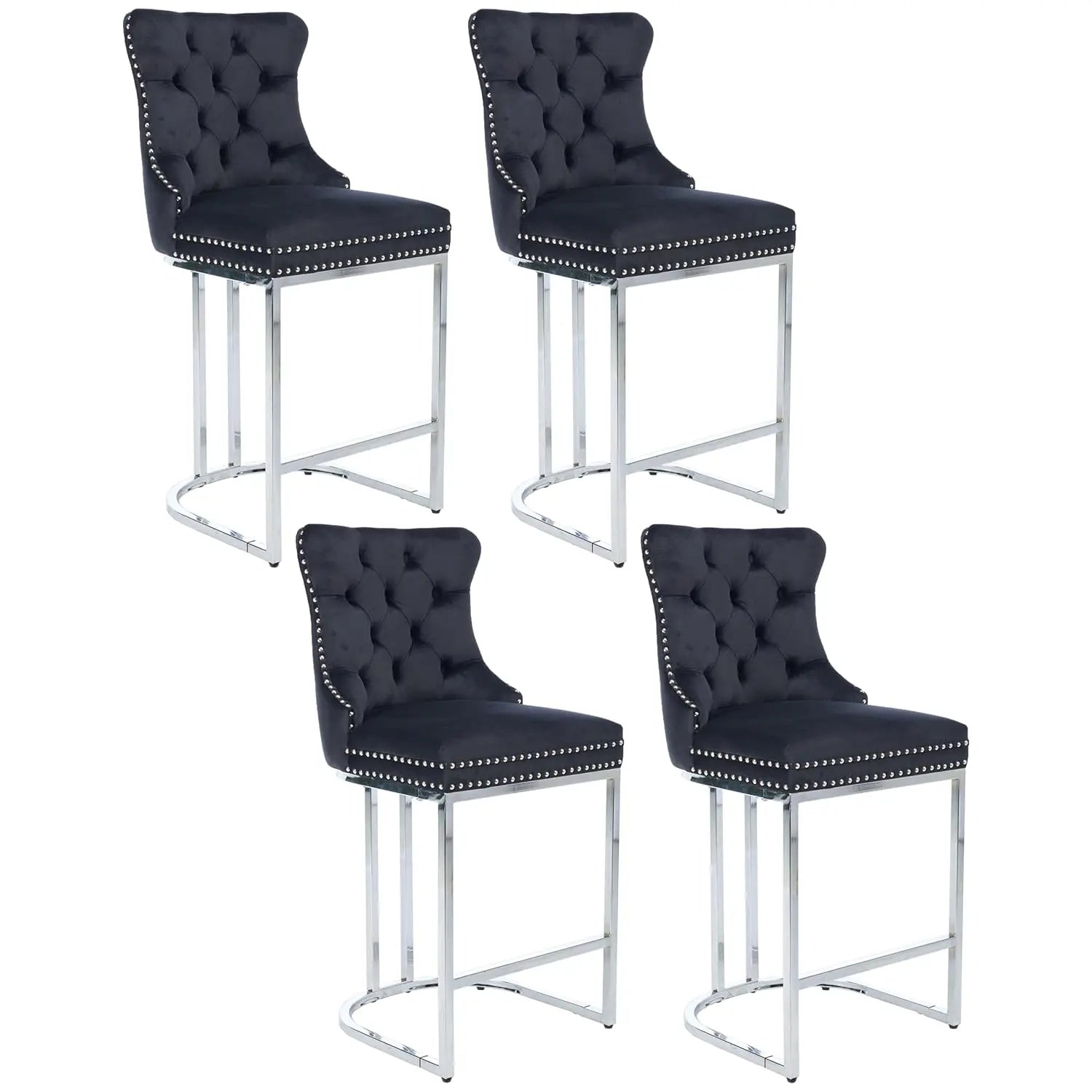26” Velvet Upholstered Bar Stools Set of 4, Counter Height Bar Chairs with Button Back, Nailhead Rivet Trim, Chrome, Customized