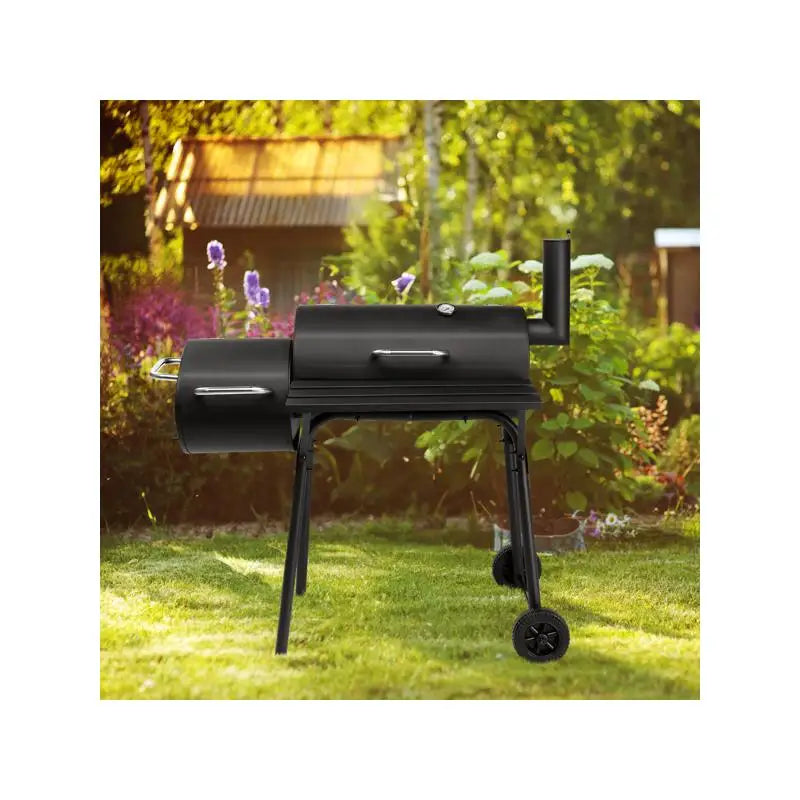 Charcoal Barrel Grill with Offset Smoker, All-Metal Outdoor BBQ with Side Table & Wheels for Garden, Patio, & Backyard