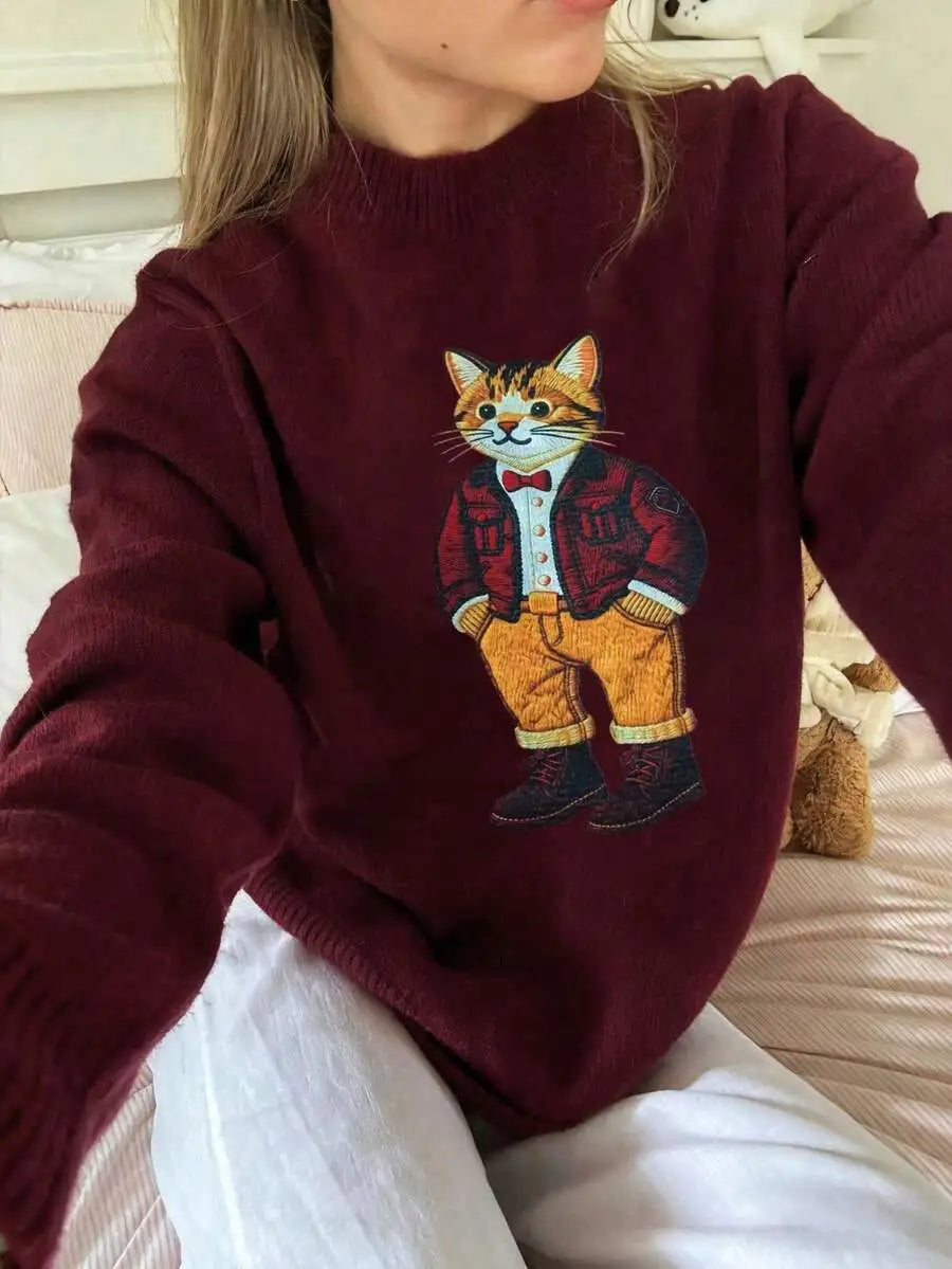 Navy Blue Collegiate Bear Print Pullover Sweater for Women, Autumn Winter Casual Style