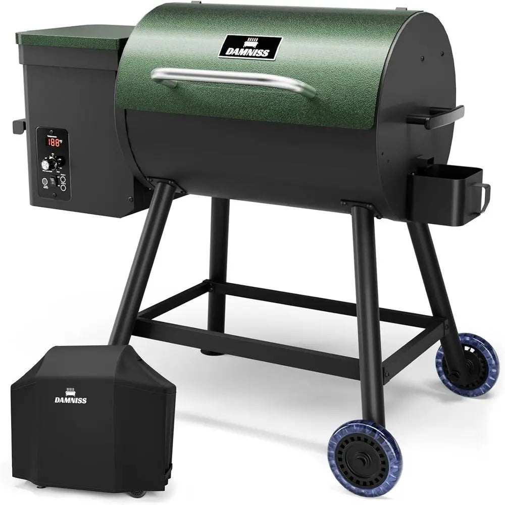8-in-1 Outdoor Electric Wood Pellet BBQ Grill with Auto Feed, PID Control (180-450°F), and Rain Cover, 456 Sq. In. Cook Area