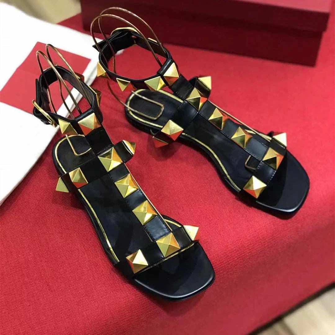 SHIYUNJIN Shoes Women Size35-42 Genuine Leather Sandals Rivet Pumps Summer Leisure Flats Buckle Strap Designer Shoes Zapatillas