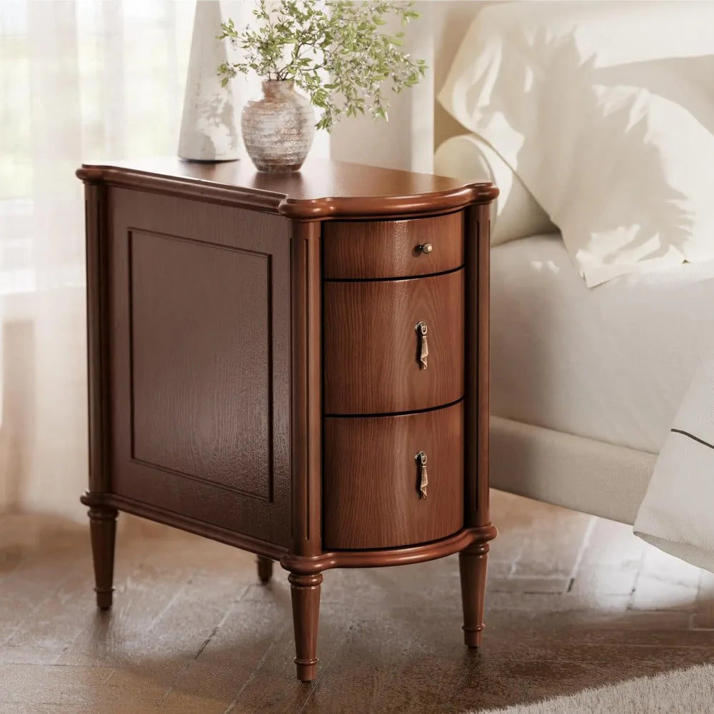 Vintage 3-Drawer Nightstand with Charging Station and Antique-Style Hardware, Pre-Assembled Rustic Wood Finish