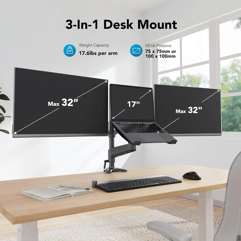 Dual Monitor and Laptop Mount for 32" Screen, Adjustable Arm with Tilt Swivel Rotation, VESA Bracket 75/100mm