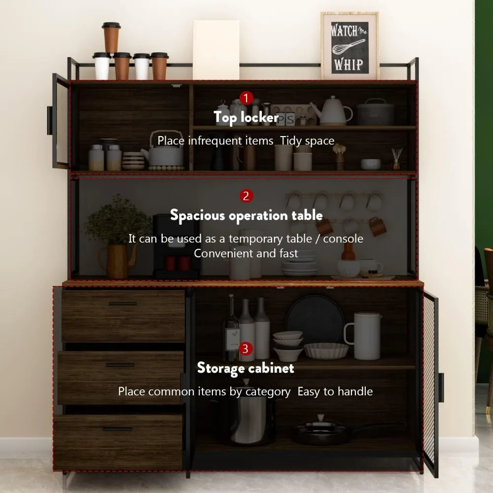 Modern Wood Sideboard Buffet Storage Cabinet with Hutch, 3 Metal Mesh Doors, 3 Drawers & Shelves, Kitchen Pantry Cupboard Conso