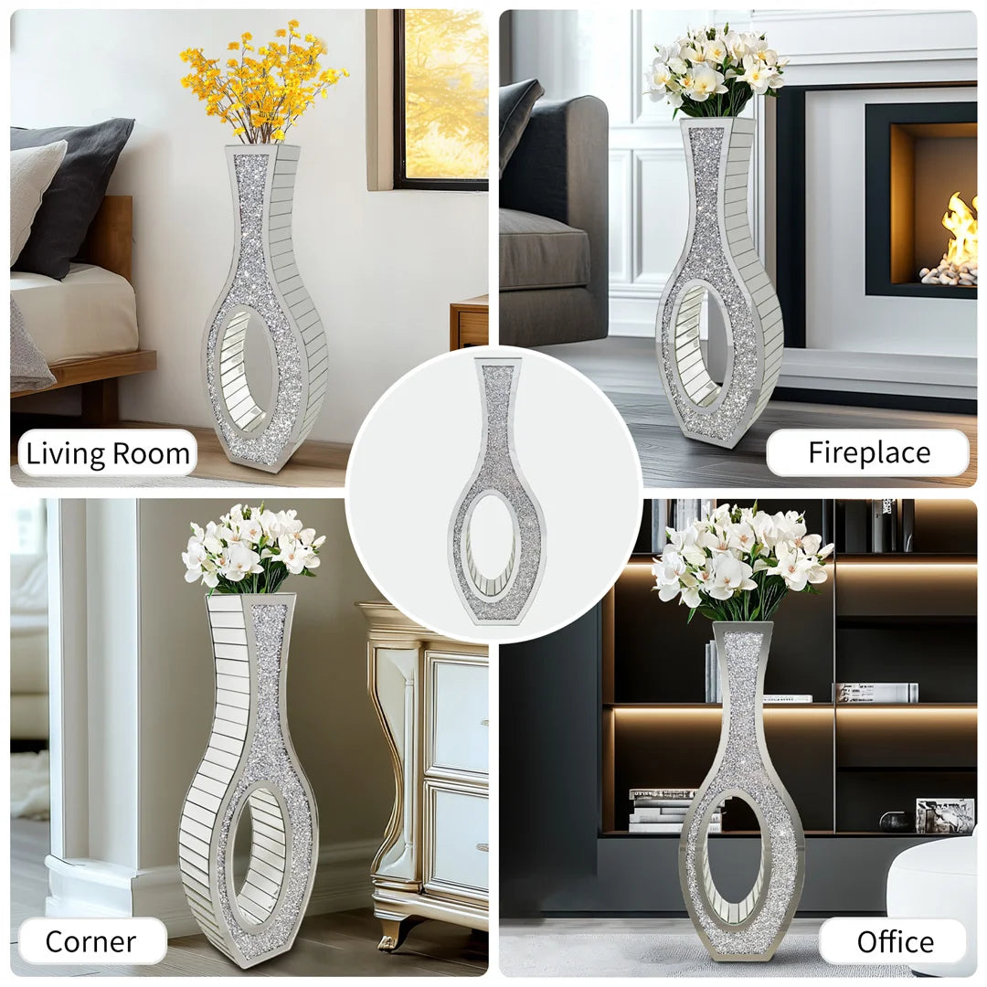 Designed Modern Flower Vase Silver Crystal Mirrored Floor Vase Home Decorative Standing Flower Vase